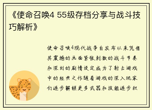 《使命召唤4 55级存档分享与战斗技巧解析》
